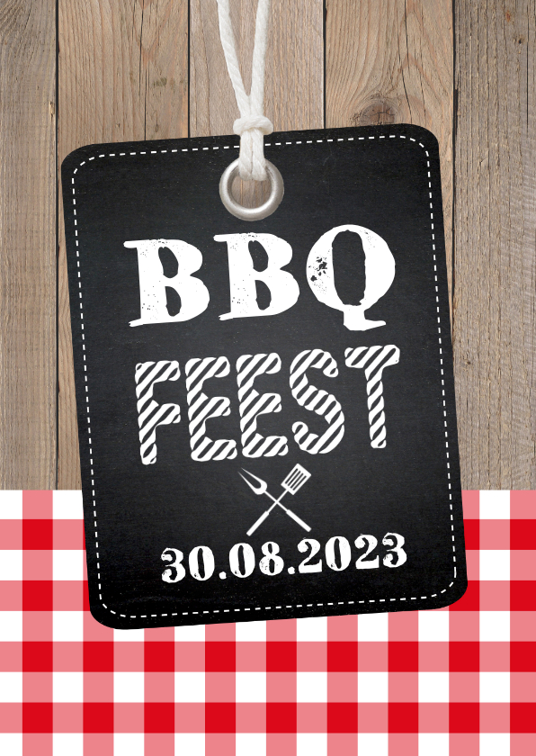 Uitnodigingen - Uitnodiging tuinfeest BBQ label hout krijtbord