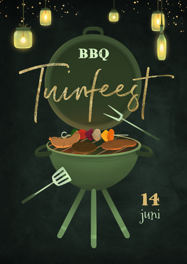 Uitnodigingen - Uitnodiging tuinfeest BBQ lampjes krijtbord gezellig