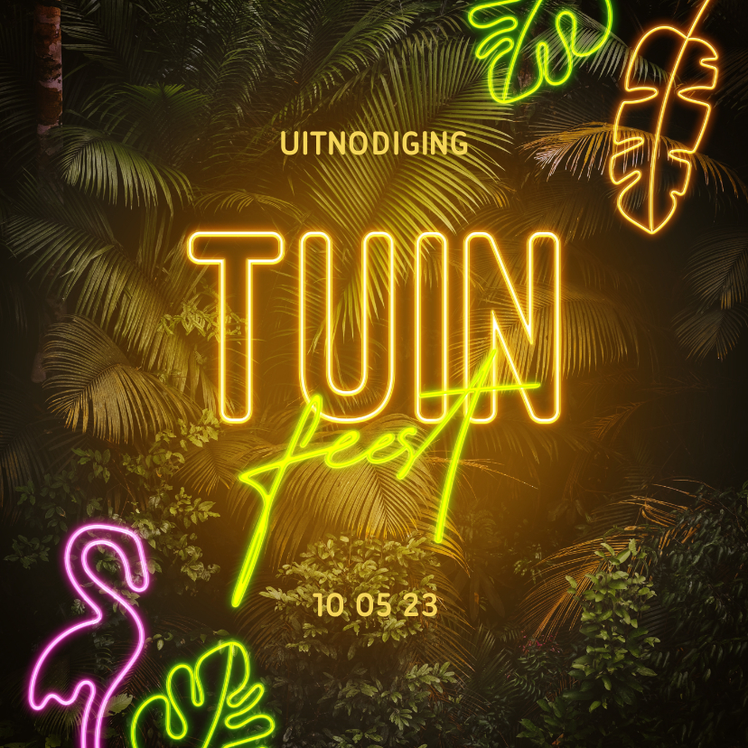 Uitnodigingen - Uitnodiging tuinfeest botanisch met neon tekst
