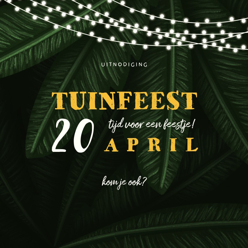 Uitnodigingen - Uitnodiging tuinfeest jungle bladeren met lampjes