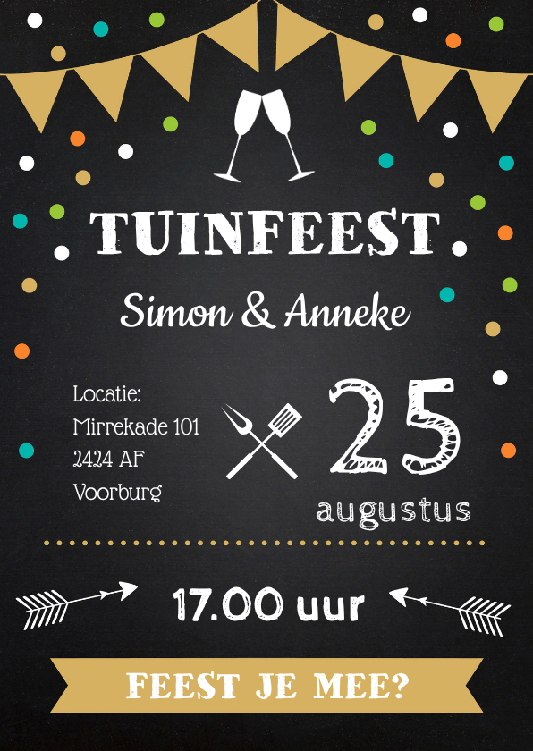 Uitnodiging tuinfeest vlag confetti krijtbord - Uitnodigingen Uitnodigingen - Uitnodiging tuinfeest vlag confetti krijtbord