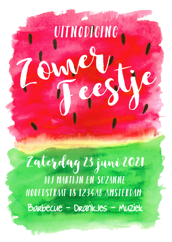 Uitnodigingen - Uitnodiging tuinfeest watermeloen aquarel
