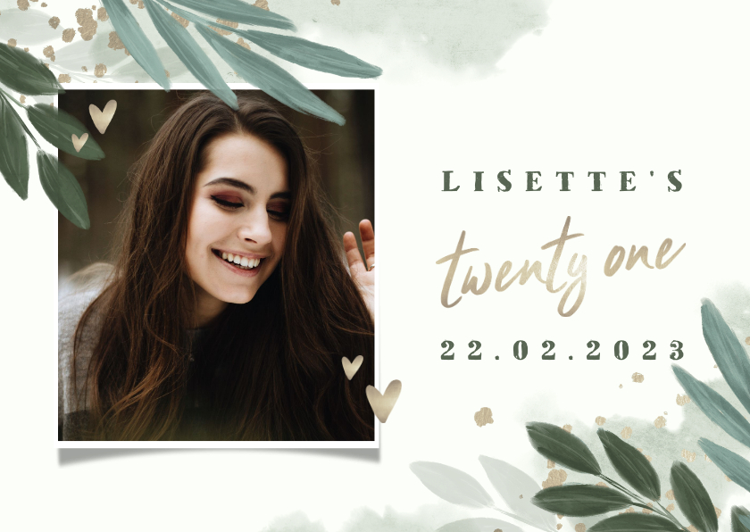 Uitnodiging 'twenty one' botanisch met gouden hartjes - Uitnodigingen Uitnodigingen - Uitnodiging 'twenty one' botanisch met gouden hartjes