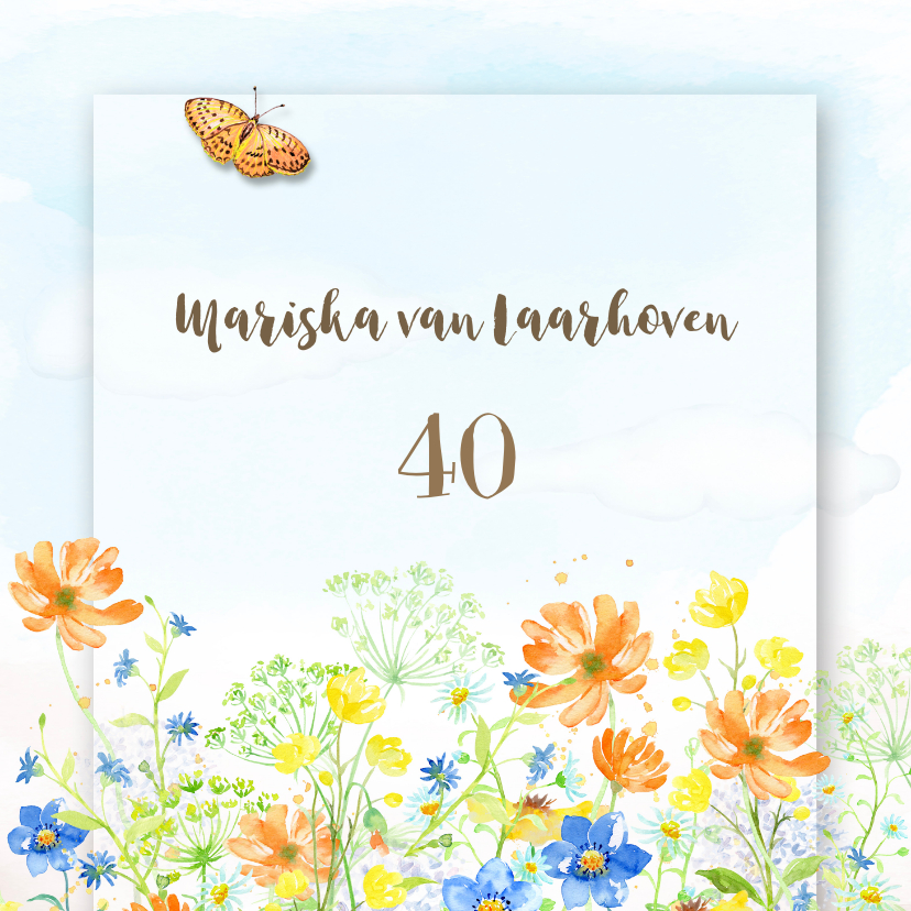 Uitnodigingen - Uitnodiging veldbloemen met vlinder