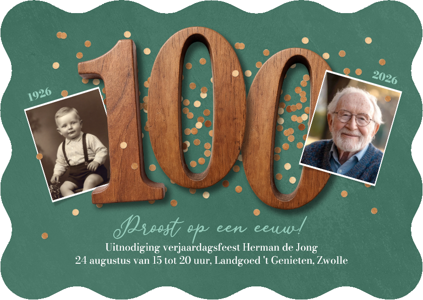 Uitnodigingen - Uitnodiging verjaardag 100 eeuw oud vintage houten cijfers
