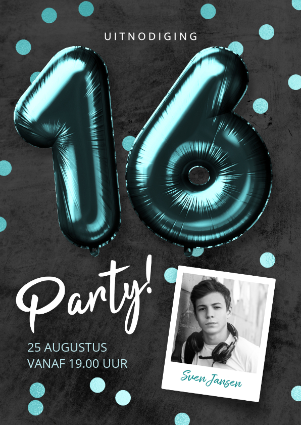 Uitnodigingen - Uitnodiging verjaardag 16 jaar jongen ballonnen