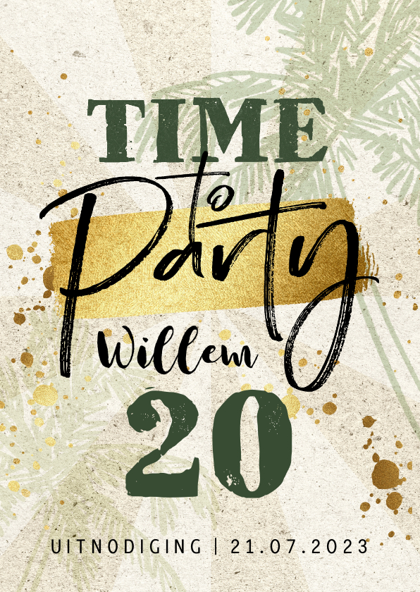 Uitnodigingen - Uitnodiging verjaardag 20 zomers palmbomen typografisch goud