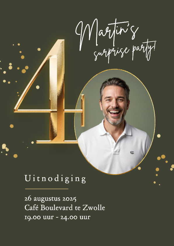 Uitnodigingen - Uitnodiging verjaardag 40 jaar stijlvol goud spetters foto