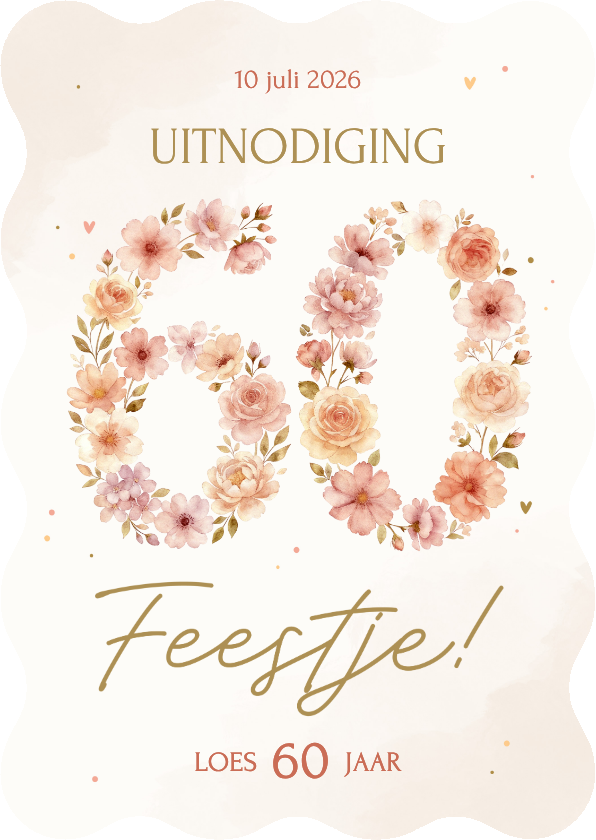 Uitnodiging verjaardag 60 in beige bloemen golvende rand - Uitnodigingen Uitnodigingen - Uitnodiging verjaardag 60 in beige bloemen golvende rand
