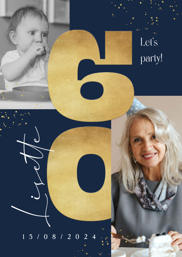 Uitnodigingen - Uitnodiging verjaardag 60 jaar goud foto confetti
