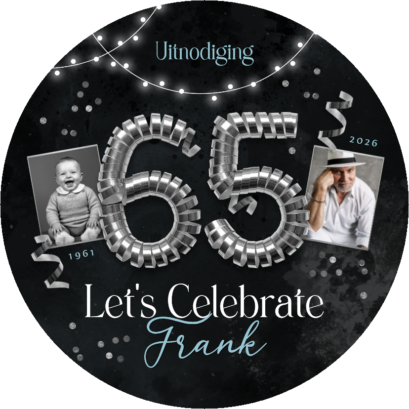 Uitnodigingen - Uitnodiging verjaardag 65 jaar slingers confetti zilver foto