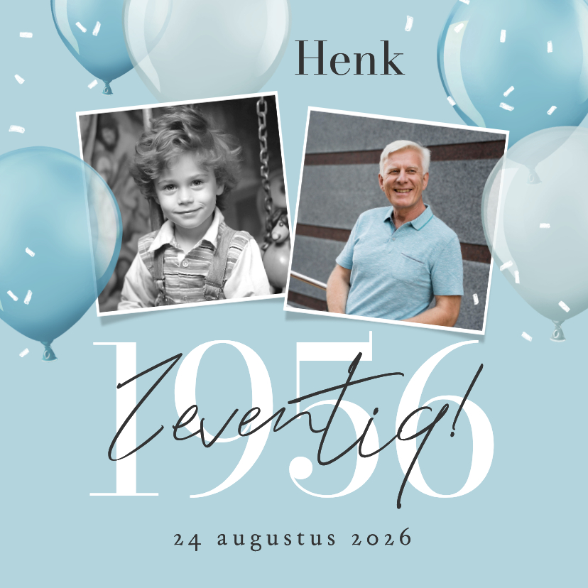 Uitnodigingen - Uitnodiging verjaardag 70 jaar 1956 ballonnen blauw fotos