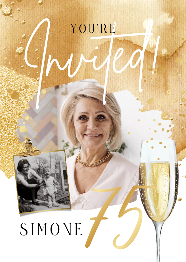 Uitnodigingen - Uitnodiging verjaardag 75 jaar champagne waterverf foto
