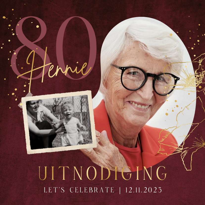Uitnodiging verjaardag 80 foto velvet goudfolie klaprozen - Uitnodigingen Uitnodigingen - Uitnodiging verjaardag 80 foto velvet goudfolie klaprozen