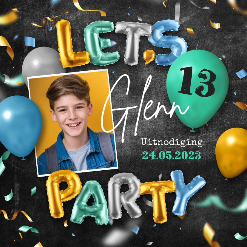 Uitnodigingen - Uitnodiging verjaardag ballonnen confetti krijt foto 13 jaar