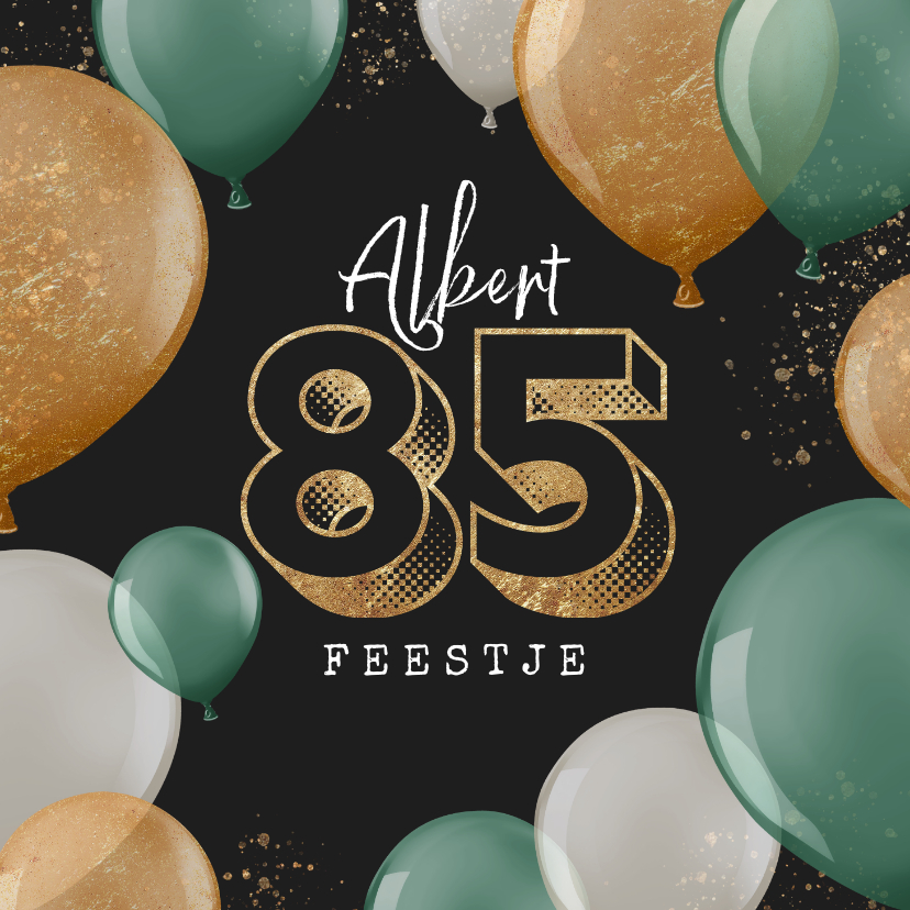 Uitnodigingen - Uitnodiging verjaardag ballonnen groen goud spetters 85