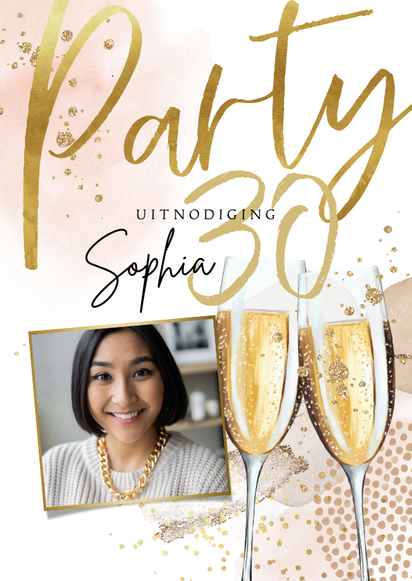 Uitnodigingen - Uitnodiging verjaardag champagne waterverf en goudlook
