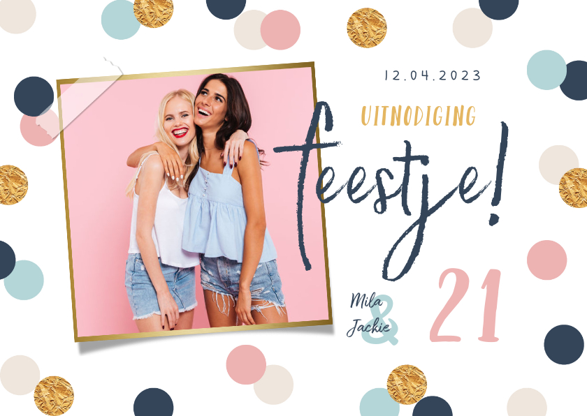 Uitnodiging verjaardag confetti polkadot goud foto - Uitnodigingen Uitnodigingen - Uitnodiging verjaardag confetti polkadot goud foto