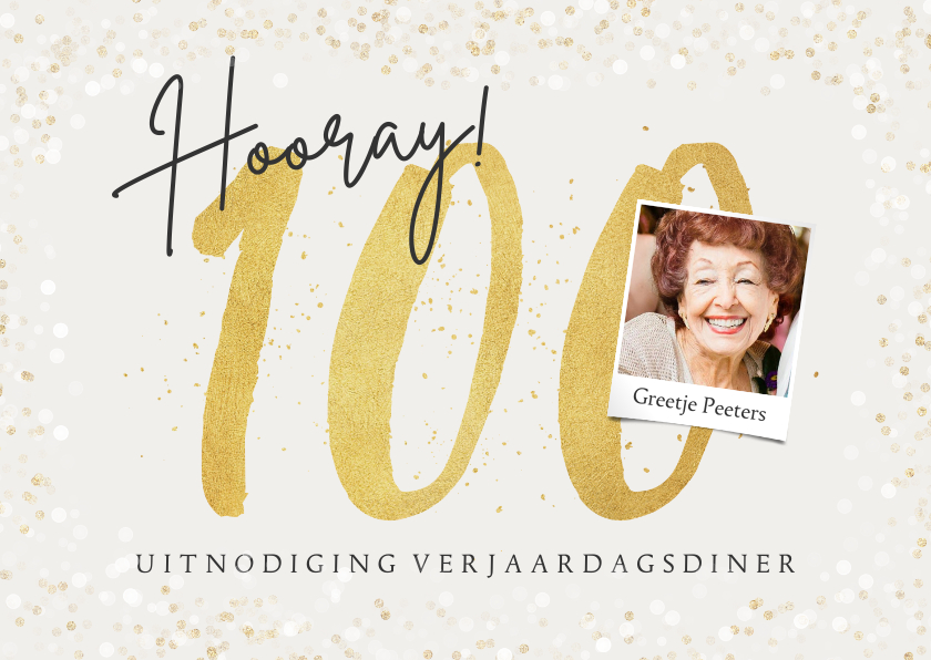 Uitnodigingen - Uitnodiging verjaardag diner 100 jaar goud foto confetti