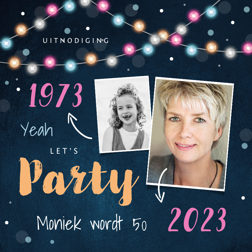 Uitnodiging verjaardag feestelijk lichtslinger confetti foto - Uitnodigingen Uitnodigingen - Uitnodiging verjaardag feestelijk lichtslinger confetti foto