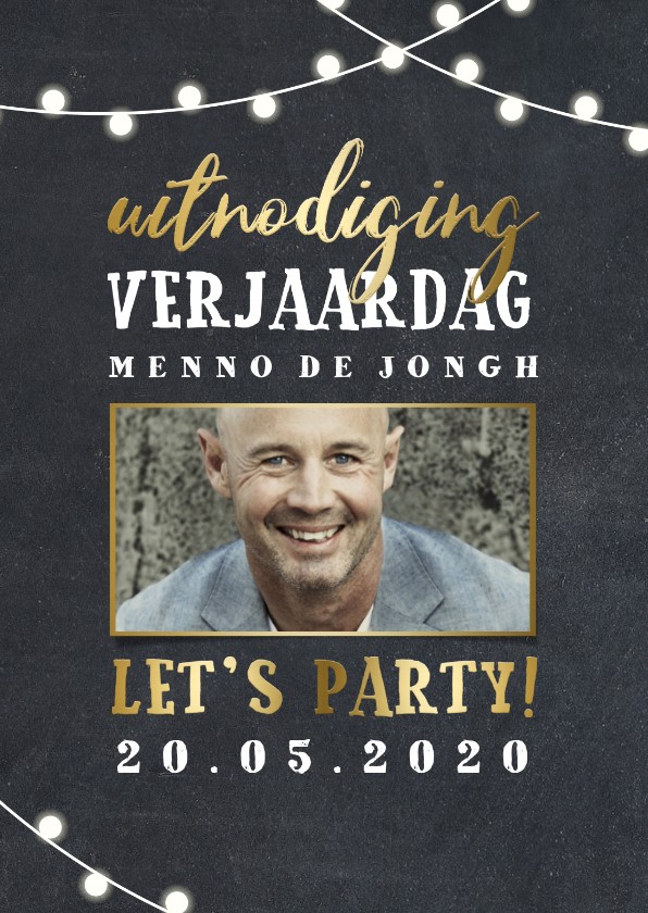 Uitnodiging verjaardag lampjes goud met foto - Uitnodigingen Uitnodigingen - Uitnodiging verjaardag lampjes goud met foto