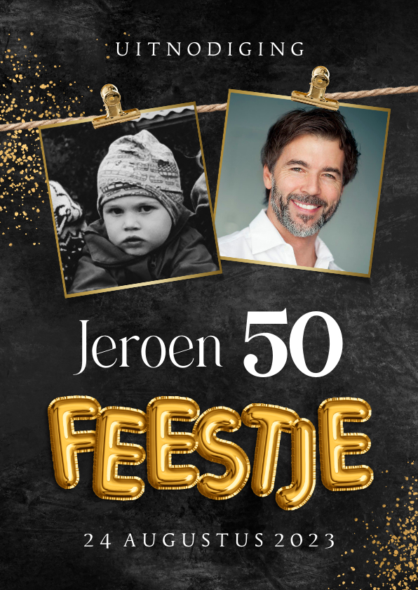 Uitnodigingen - Uitnodiging verjaardag man foto's slinger goud feestje