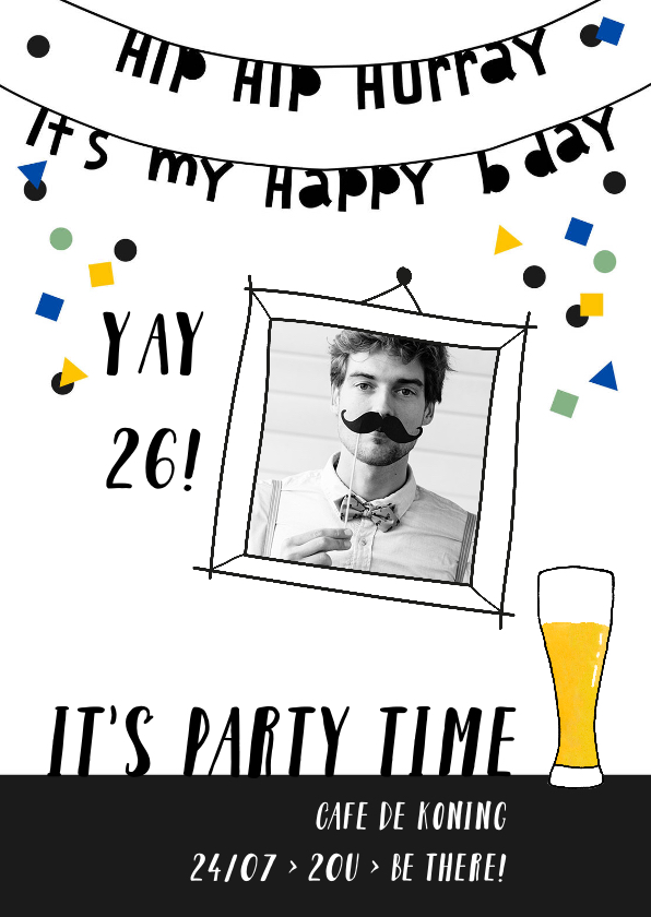 Uitnodiging verjaardag man hip hurray confetti - Uitnodigingen Uitnodigingen - Uitnodiging verjaardag man hip hurray confetti