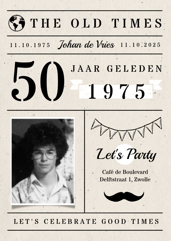 Uitnodiging verjaardag man old times krantlook - Uitnodigingen Uitnodigingen - Uitnodiging verjaardag man old times krantlook