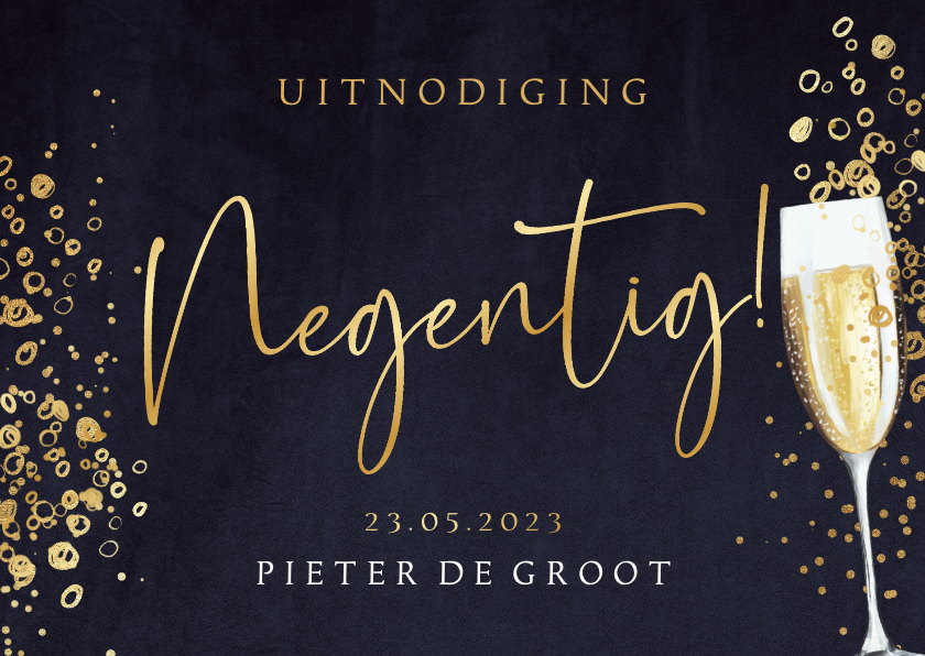 Uitnodiging verjaardag 'negentig' bubbels champagne velvet - Uitnodigingen Uitnodigingen - Uitnodiging verjaardag 'negentig' bubbels champagne velvet