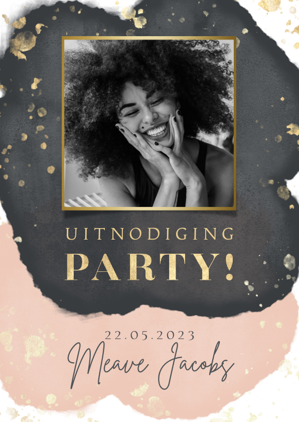 Uitnodiging verjaardag party goud spetters waterverf & foto - Uitnodigingen Uitnodigingen - Uitnodiging verjaardag party goud spetters waterverf & foto