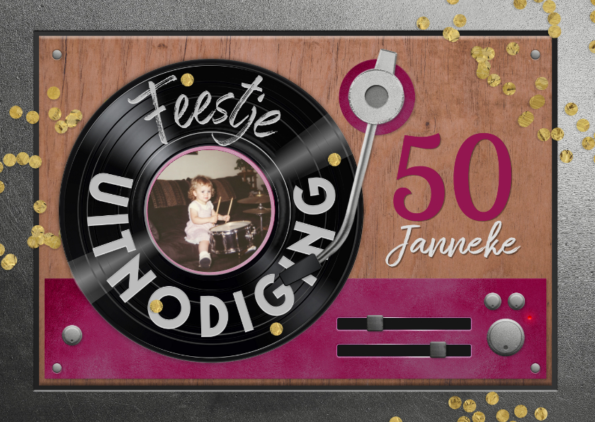 Uitnodiging verjaardag platenspeler vinyl lp foto roze - Uitnodigingen Uitnodigingen - Uitnodiging verjaardag platenspeler vinyl lp foto roze