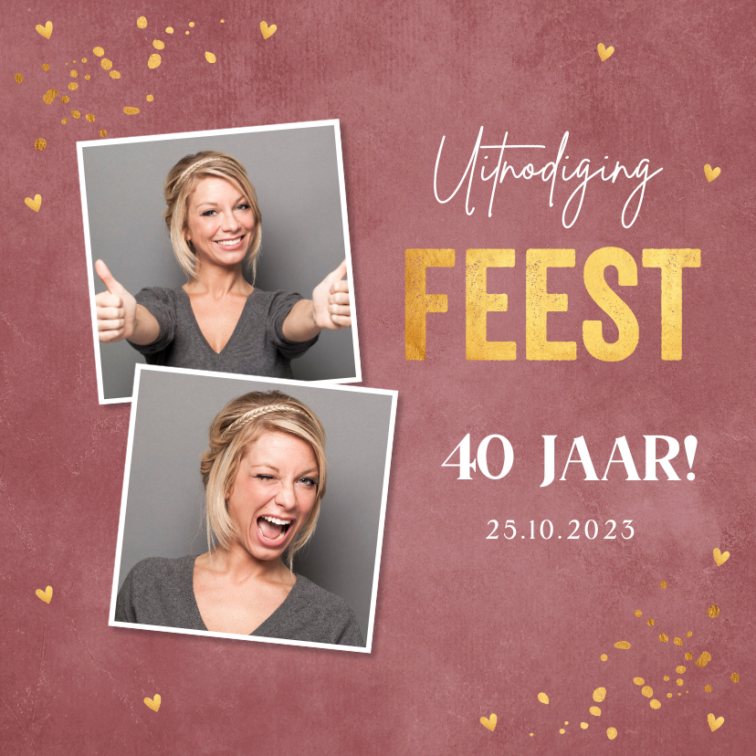 Uitnodiging verjaardag roze velvet-look foto goudlook - Uitnodigingen Uitnodigingen - Uitnodiging verjaardag roze velvet-look foto goudlook