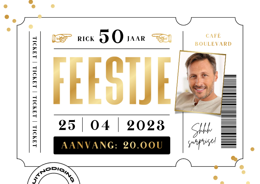 Uitnodiging verjaardag ticket feestje foto goud confetti - Uitnodigingen Uitnodigingen - Uitnodiging verjaardag ticket feestje foto goud confetti