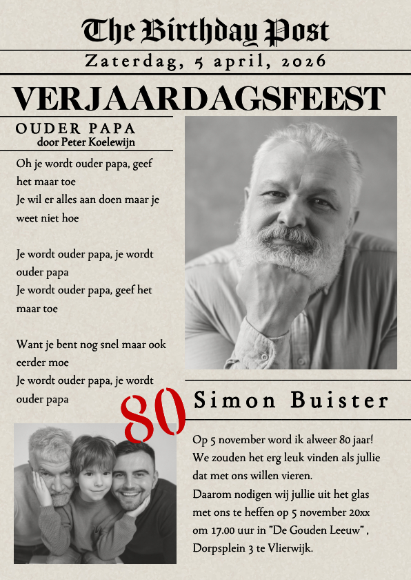 Uitnodigingen - Uitnodiging verjaardag voorpagina krant