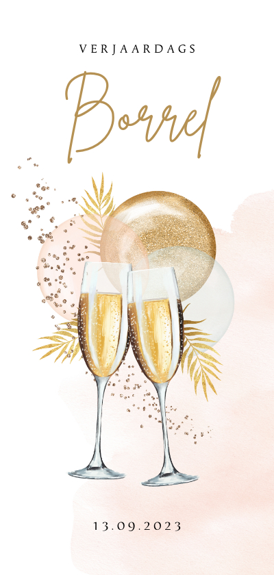 Uitnodigingen - Uitnodiging verjaardagborrel champagne botanisch ballonnen