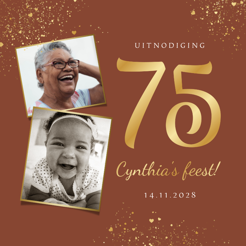Uitnodiging verjaardagsfeest 75 jaar goud hartjes foto - Uitnodigingen Uitnodigingen - Uitnodiging verjaardagsfeest 75 jaar goud hartjes foto