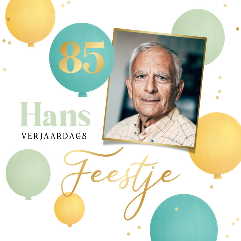 Uitnodigingen - Uitnodiging verjaardagsfeest 85 jaar ballonnen confetti goud