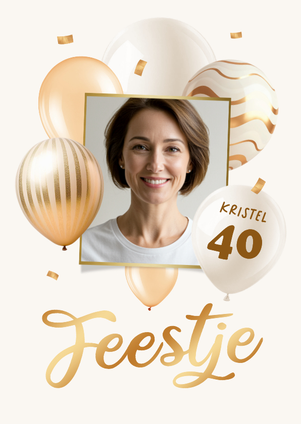 Uitnodigingen - Uitnodiging verjaardagsfeest ballonnen goud beige foto