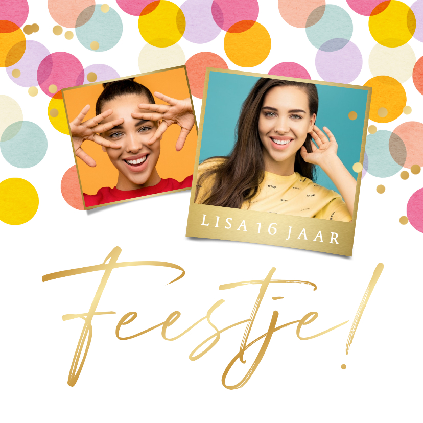 Uitnodigingen - Uitnodiging verjaardagsfeest kleurrijke confetti foto's goud