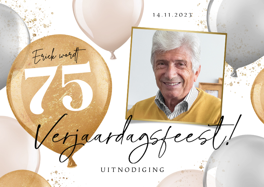 Uitnodigingen - Uitnodiging verjaardagsfeest man 75 jaar ballonnen goud foto
