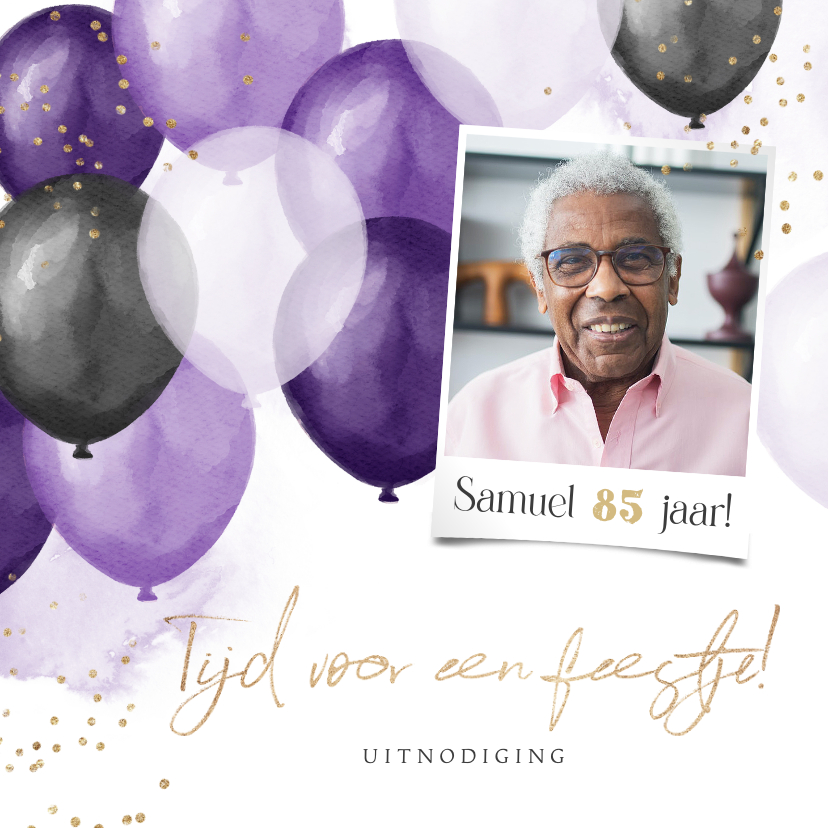 Uitnodigingen - Uitnodiging verjaardagsfeest unisex ballonnen confetti paars