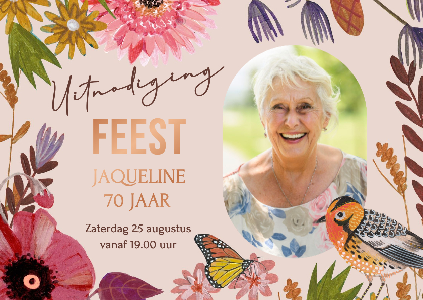 Uitnodiging verjaardagsfeestje bloemen, vogel en vlinder - Uitnodigingen Uitnodigingen - Uitnodiging verjaardagsfeestje bloemen, vogel en vlinder