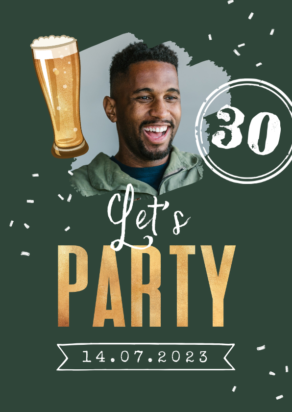 Uitnodiging verjaardagskaart man bier confetti let's party - Uitnodigingen Uitnodigingen - Uitnodiging verjaardagskaart man bier confetti let's party