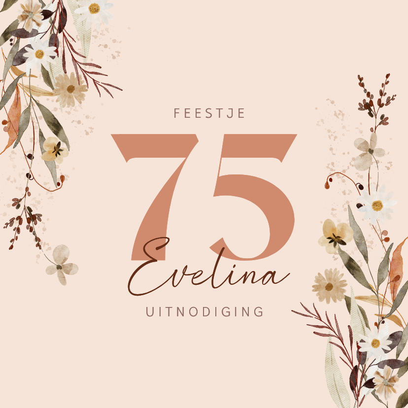 Uitnodiging vijfenzeventig jaar met bloemen en hartjes - Uitnodigingen Uitnodigingen - Uitnodiging vijfenzeventig jaar met bloemen en hartjes