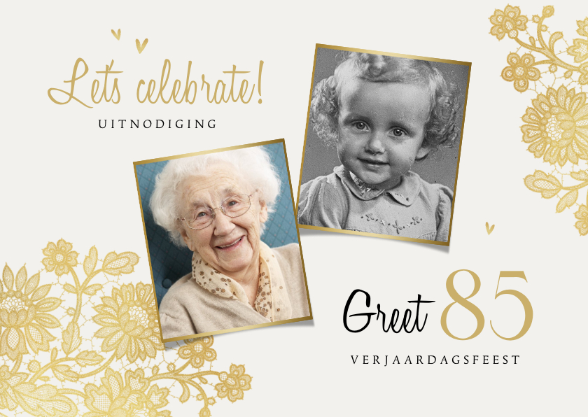 Uitnodigingen - Uitnodiging vintage verjaardagsfeest kant goud hartjes foto