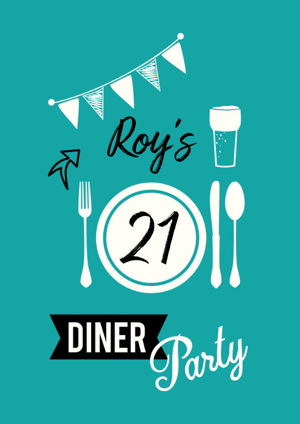 Uitnodigingen - Uitnodiging voor 21 diner party met servies en glas bier