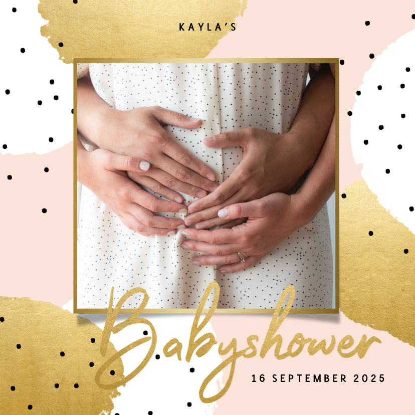 Uitnodiging voor je babyshower goud roze en zwarte stipjes - Uitnodigingen Uitnodigingen - Uitnodiging voor je babyshower goud roze en zwarte stipjes