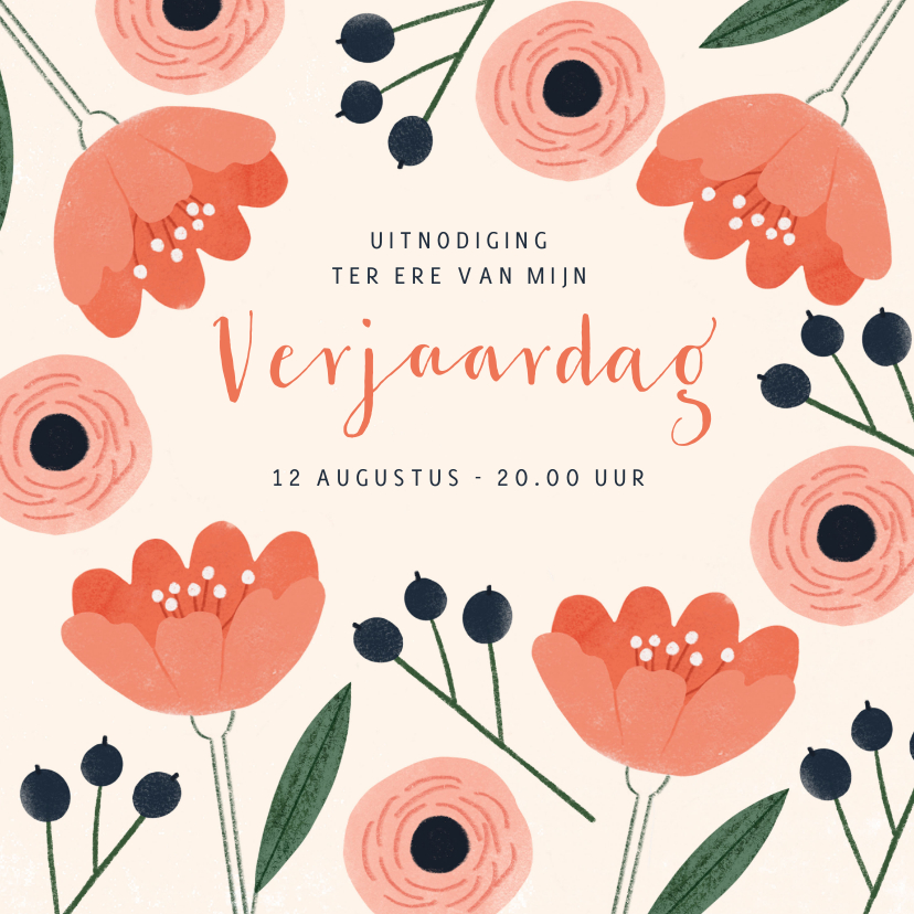 Uitnodigingen - Uitnodiging voor vrouw zalmroze bloemen en blauwe bessen