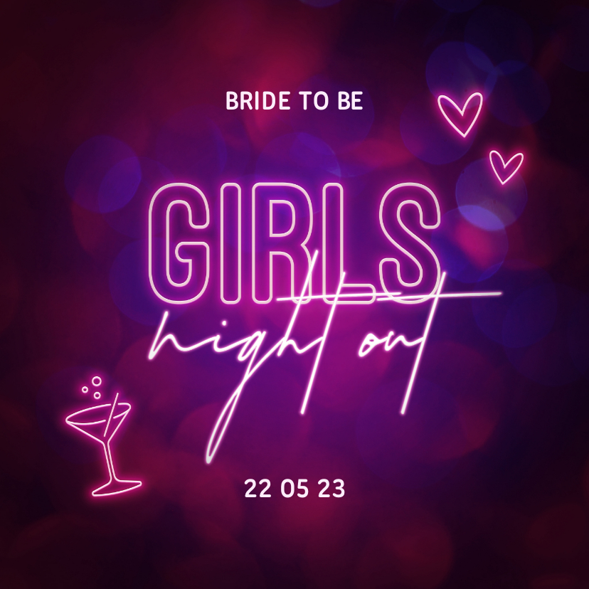 Uitnodigingen - Uitnodiging vrijgezellenfeest girls night out neon