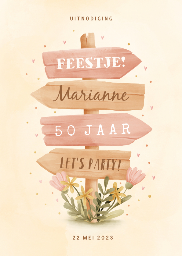 Uitnodigingen - Uitnodiging wegwijzer met bloemen 50 jaar aanpasbaar